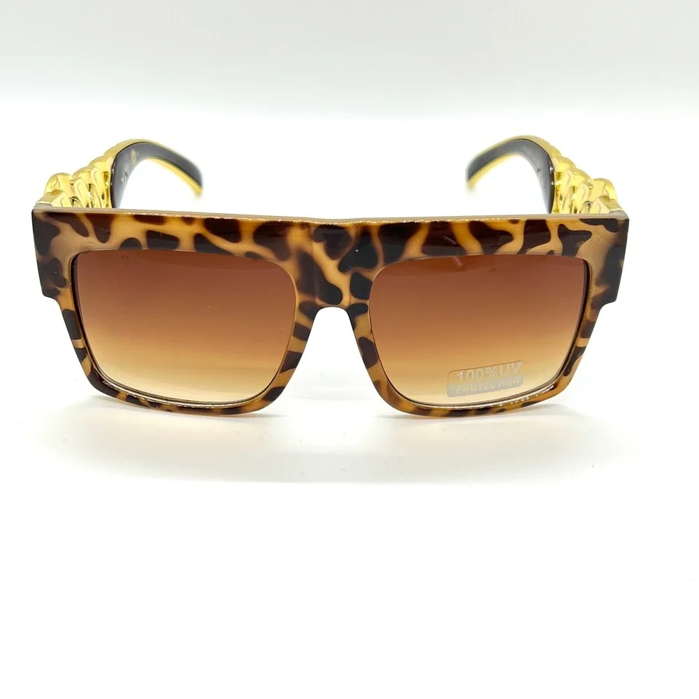 Oversized FLAT TOP SUNGLASSES LARGE DESIGNER‎ CHAIN HIP HOP Tortoise Brown Lens